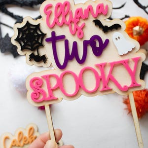 Two Spooky Halloween Cake Topper Personalized Second Birthday Party Decor Ghost Spider Web Bat Orange Black Acrylic Topper Cake Smash Prop