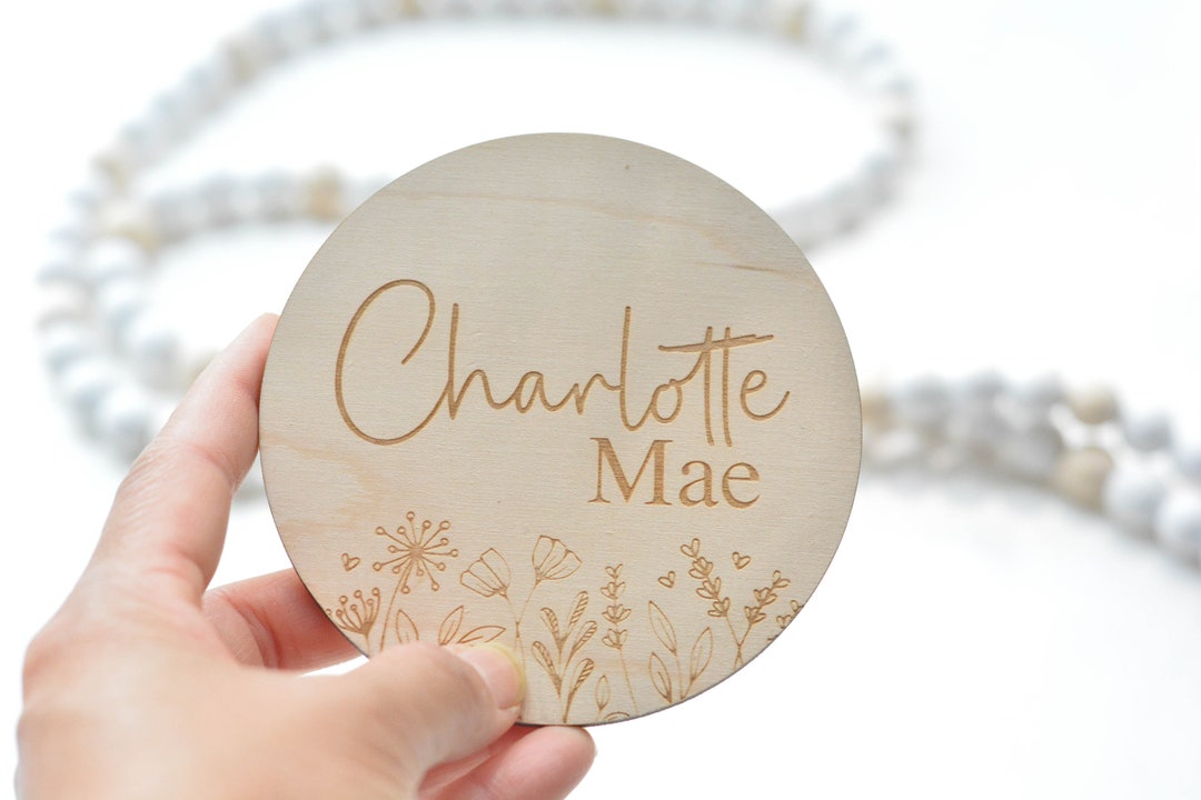 Floral Wooden Baby Name Birth Announcement Hospital Sign Engraved Round ...