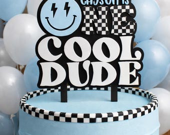 One Cool Dude Cake Topper, Personalized First Birthday Smash Cake Acrylic Topper Retro Checkered Boy Party Decor, Blue and Black Decor
