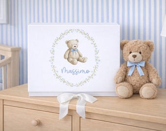 Personalized Baby Memory Box with Custom Name, Keepsake Magnetic Gift Box, Teddy Bear Themed Nursery, Newborn Boy First Year,
