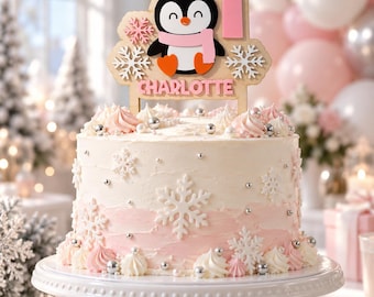 Pink Penguin First Birthday Cake Topper, Personalized Winter Theme