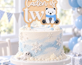 Personalized Polar Bear Second Birthday Cake Topper, Winter Holiday Decor