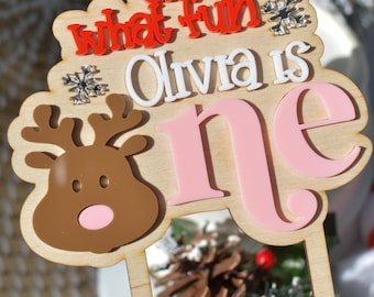 Oh What Fun To Be One Cake Topper Reindeer One Year Old Birthday with Name for 1st Bday Winter Christmas Holiday Acrylic Name for Cake Smash