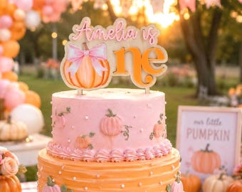 Pumpkin with Coquette Bow One Cake Topper with Personalized Name for First Birthday Party Fall Autumn Acrylic Topper Boho Cake Smash Prop