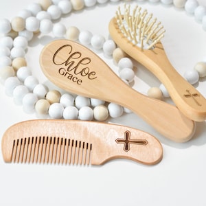 Personalized Baptism Gift Christening Gift for Kids from Godparent, Dedication Cross Religious Engraved Wood Baby Hair Brush Comb Keepsake