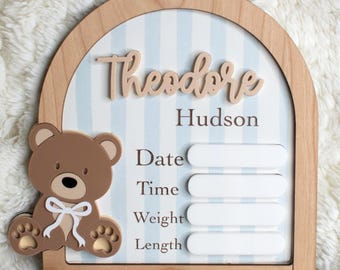 Teddy Bear Newborn Birth Announcement Stat Sign for Hospital, Baby Boy Nursery Decor, Whimsical Stripe Baby Fresh 48, New Parents Keepsake