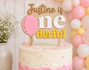 Pink Personalized "ONEderful" First Birthday Cake Topper Acrylic and Wood Balloon Design