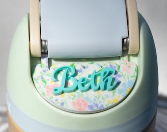 Tabliczka znamionowa Owala Freesip z niestandardową nazwą, uroczy kwiatowy Cottagecore, muszelka, pastelowy kolor 16/19/24/32/40, etykieta na butelkę z wodą, spersonalizowana koronkowa krawędź