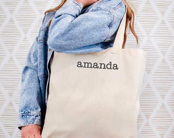 Embroidered Name Tote Bag, Custom Canvas Shopper, Bridesmaid Gift