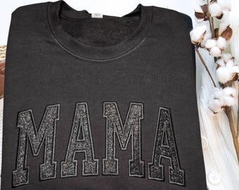 Personalized Black Glitter Mama Sweatshirt, Embroidered Applique Crewneck Sweater
