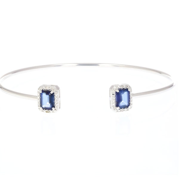 Created Blue Sapphire Cuff Bangle With Rhodium Plating (1.50 cttw)