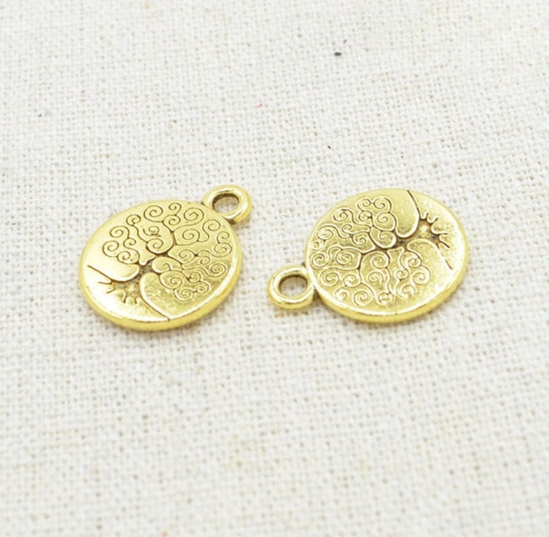 2pc. Tibetan Silver Round Tag Lotus/Life Tree/Buddha Charms 15mm Handmade Metal Pendants Gold Tree of Life