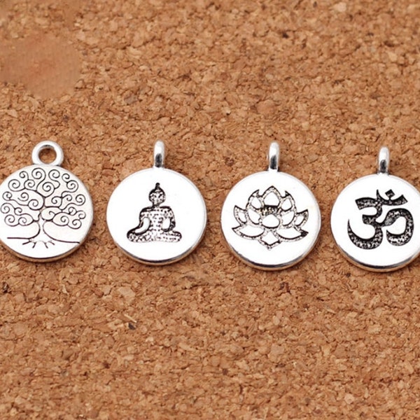 2pc. Tibetan Silver Round Tag Lotus/Life Tree/Buddha Charms 15mm Handmade Metal Pendants