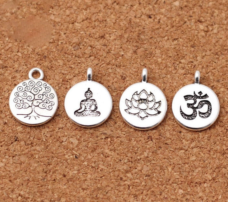 2pc. Tibetan Silver Round Tag Lotus/Life Tree/Buddha Charms 15mm Handmade Metal Pendants image 1