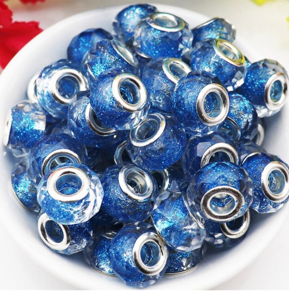 10PCS Lot 5MM Big Hole Loose Cut Blue Glitter Faceted Murano Glass