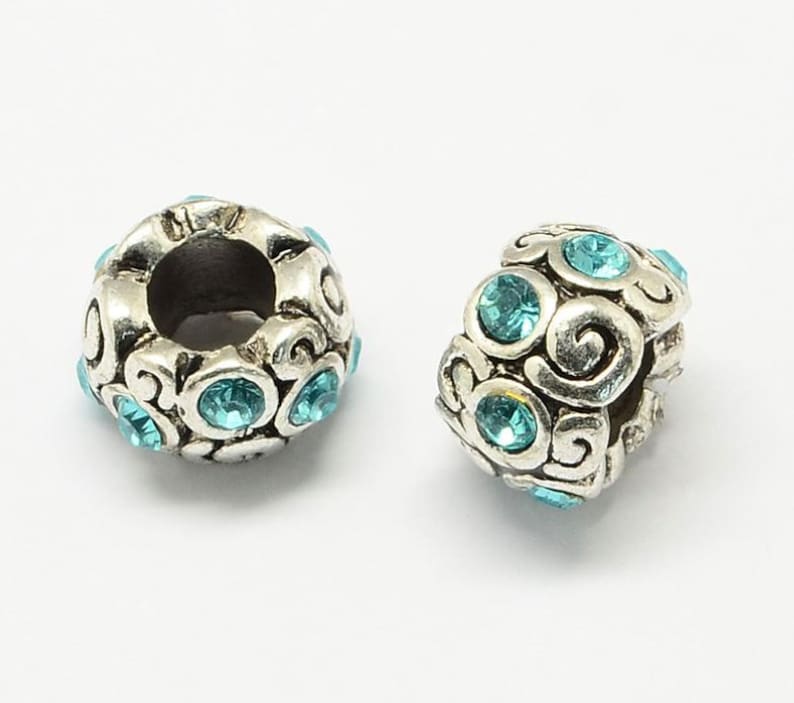 2pc Antique Silver Alloy Rhinestone European Beads Rondelle Large Hole Beads