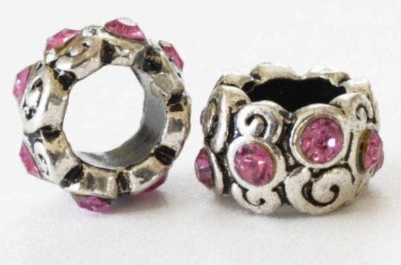 2pc Antique Silver Alloy Rhinestone European Beads Rondelle Large Hole Beads