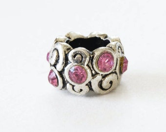 2pc. Pink Rhinestone Antique Silver large hole beads