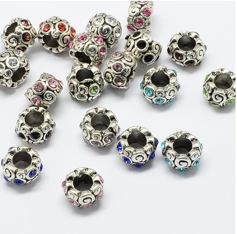 2pc Antique Silver Alloy Rhinestone European Beads Rondelle Large Hole Beads