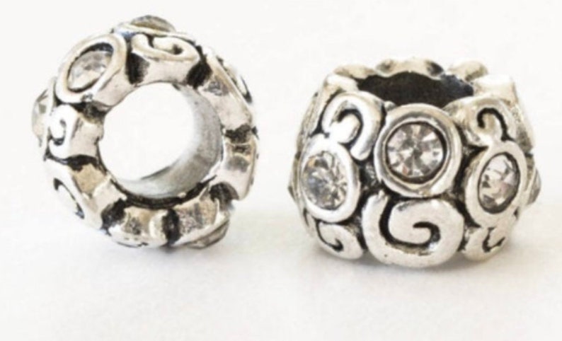 2pc Antique Silver Alloy Rhinestone European Beads Rondelle Large Hole Beads