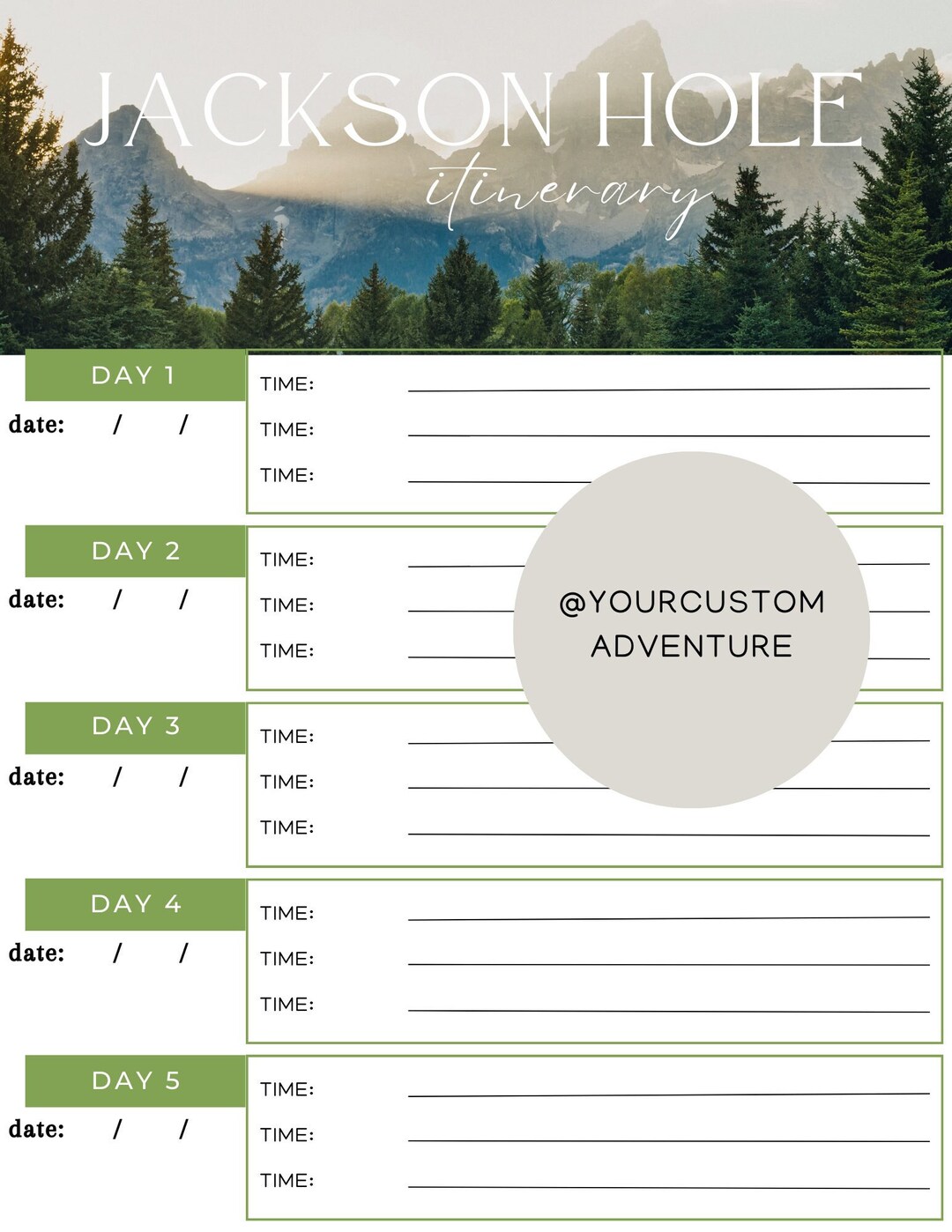 Jackson Hole Itinerary Template Etsy