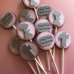 First Communion Cupcake Toppers - First Communion Pink Decorations - Primera Comunion - God Bless - Party Decor - Pink Cupcake Toppers