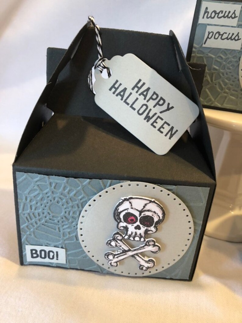 May include: A black Halloween gift box with a skull and crossbones design. The box has a grey tag that says "HAPPY HALLOWEEN". The box also has a grey spiderweb design and the word "BOO!"