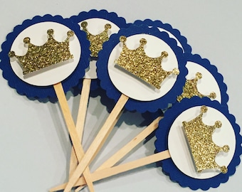 Royal Birthday - Royal Baptism - Prince Theme Party - Blue and Gold Cupcake Toppers - Crown - First Birthday - Cupcake Topper