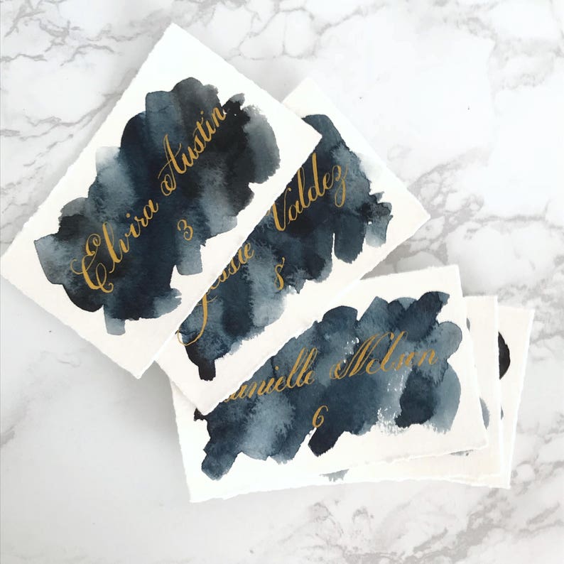 Hand cut /& painted watercolor II Orangerose Style gold ink place card event escort card wedding escort card