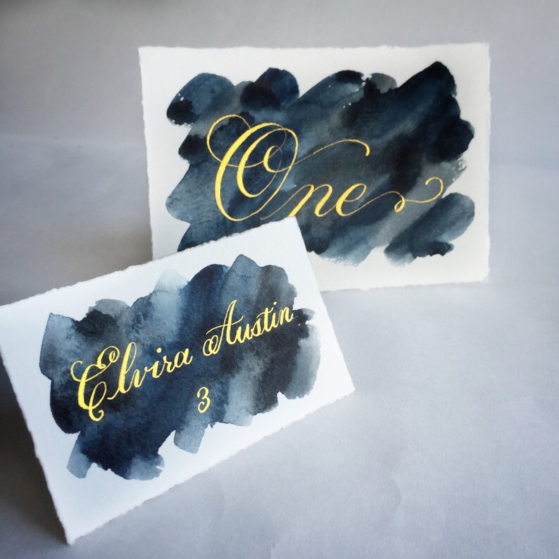 Hand cut /& painted watercolor II Orangerose Style gold ink place card event escort card wedding escort card