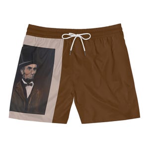 President Abraham Lincoln Men&#39;s Mid-Length Swim Shorts (AOP) U.S. History Buffs Unique Trendy Gift Ideas Americana Shorts trendy