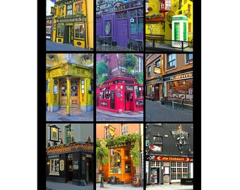 May include: A collage of nine photos showing the exteriors of Irish pubs. The photos are arranged in a 3x3 grid. Each pub has a unique name and design, with some featuring colorful facades, traditional signage, and inviting entrances.