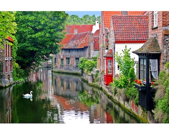 Bruges Belgium Photography, Photograph, Photo, Canvas Print, Canal Scene, Swans, Travel Photos, Fine Art Photography