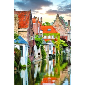 Bruges, Belgium Photography, Photograph, Photo, Canvas Print, Canal Scene, Sunset, Europe Travel Photos, Fine Art Photography image 1