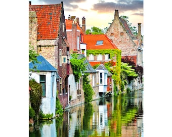 Bruges, Belgium Photography, Photograph, Photo, Canvas Print, Canal Scene, Sunset, Europe Travel Photos, Fine Art Photography