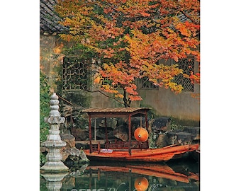 China, Suzhou, Water Town, Canal Scene, Boat, Autumn, Home Decor, Wall Art, Travel Photos, Fine Art Photography, Canvas, Metal, Matted Print