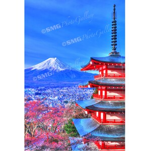 Mt Fuji Japan Photo, Mt Fuji Photograph, Cherry Blossoms, Spring, Pagoda