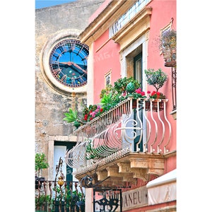 Taormina, Sicily, Italy, Balcony, Clock, Street Scene, Home Decor, Wall Art, Travel Photo, Fine Art Photography, Canvas, Metal, Matted Print