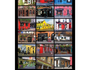 May include: A collage of 16 different Irish pubs, each with a unique facade and signage. The pubs are arranged in a grid pattern, with the text "Pubs of Ireland" at the bottom.