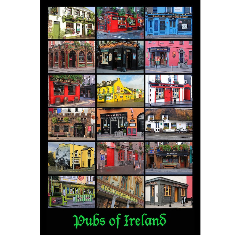 Colorful Irish Pubs, Ireland, Collage, Poster, Home Decor, Wall Art
