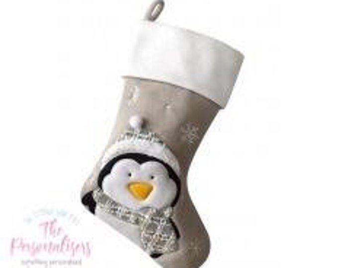 Embroidered with a name Personalised Grey Checked Penguin Christmas Felt Christmas Stocking with check design