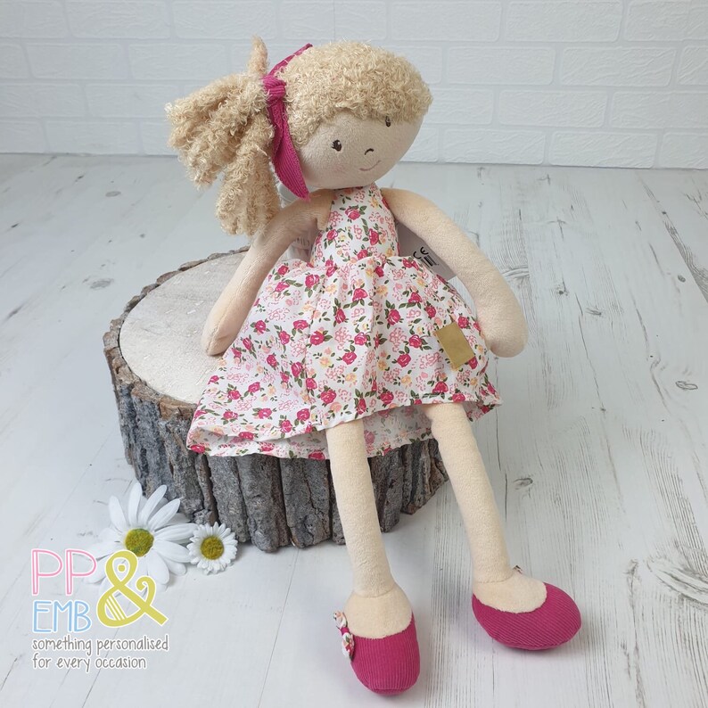 Personalised Rag Doll with curly blonde hair personalised with image 1