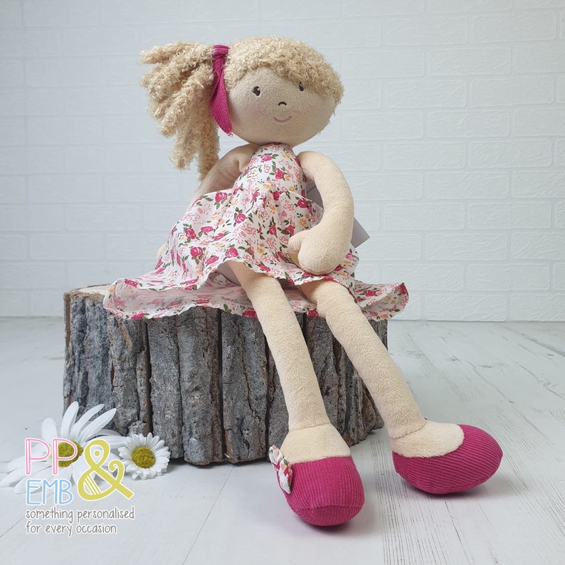 Personalised Rag Doll with curly blonde hair personalised with image 0
