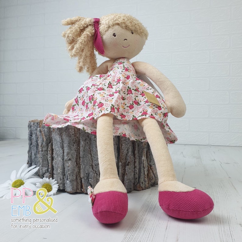 Personalised Rag Doll with curly blonde hair personalised with image 3