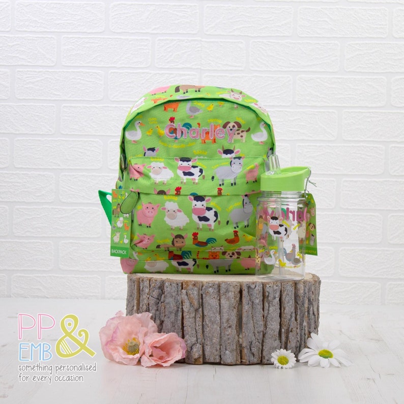 Personalised Farm Yard Animal Mini Backpack and Drinks Bottle Monogrammed with Embroidered Name or Initials