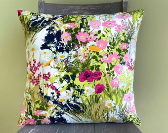 Floral  Pillow Cover Accent Denim pillow covers with Botanical fabric 18x18 20x20 Decorative pillow cover Pink and Green Patterned fabric
