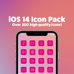 iOS 14 iPhone Icon Pack - Over 200 Icons! Minimal Hot Pink Icons | Custom Aesthetic App Icons | iOS 14 Homescreen
