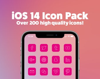 iOS 14 iPhone Icon Pack - Over 200 Icons! Minimal Hot Pink Icons | Custom Aesthetic App Icons | iOS 14 Homescreen