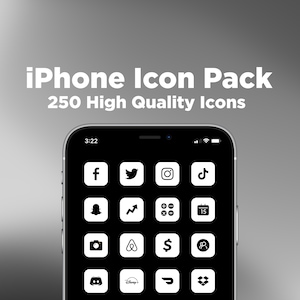 iOS Icon Pack para iPhone - 250 iconos! Iconos blancos y negros sólidos mínimos / Iconos de aplicaciones estéticas personalizadas / Iconos blancos de iOS