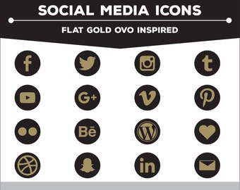Social Media Icons - Round Flat Gold (OVO Inspired) PNG Files for Web, Blog, and Print